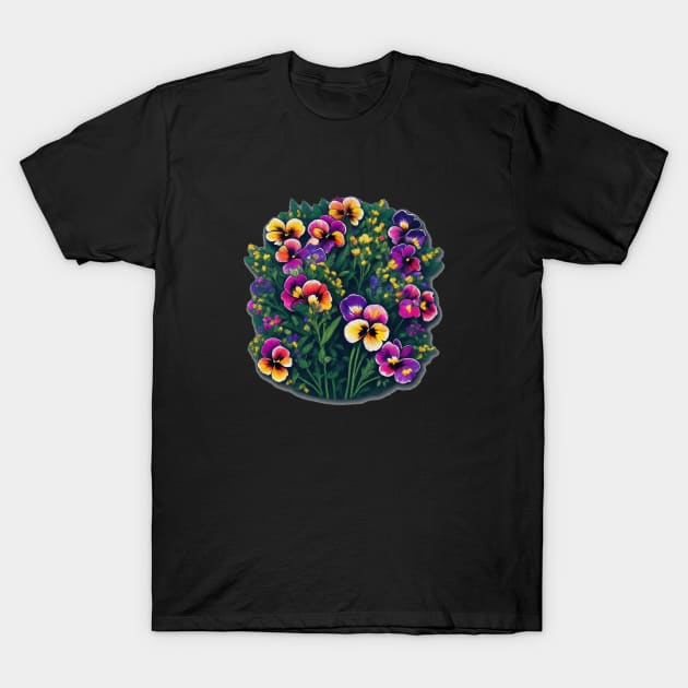 Pansy Blossom Floral Illustration Vintage Retro T-Shirt by Flowering Away